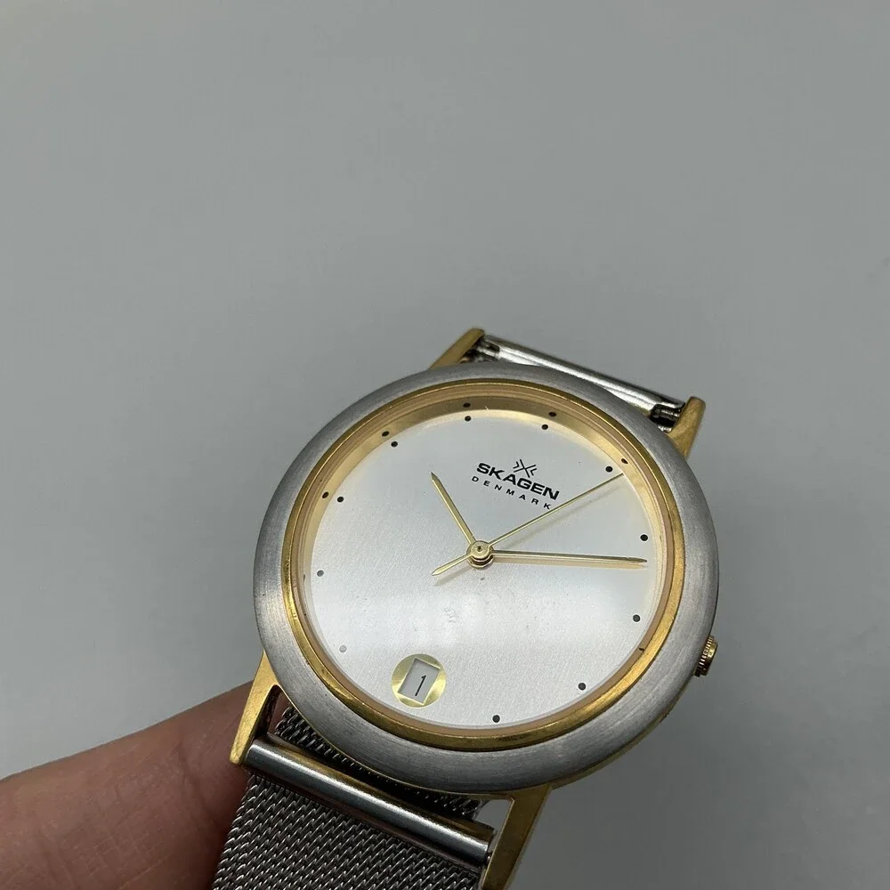 Skagen 16LGS Mens Watch 34mm Silver Tone Two Tone Stainless Date New Battery